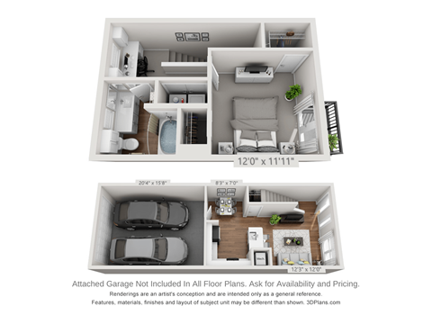 a stylized 3d floor plan of a 2100 sq ft house with a bedroom
